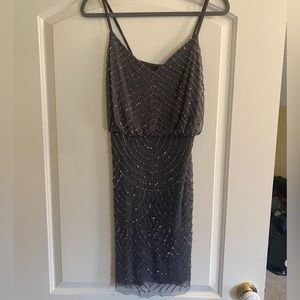 Adrianna Papell Blouson Sparkle Beaded Art Deco Silver Grey Gray Short Dress
